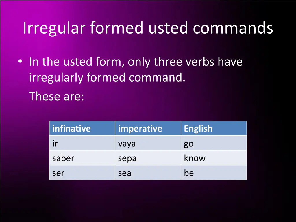 irregular formed usted commands