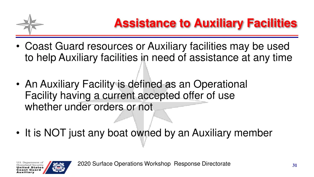 assistance to auxiliary facilities