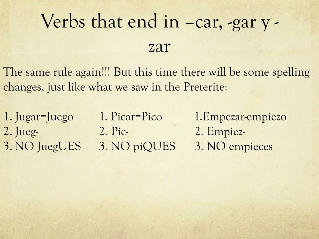 verbs that end in car gar y zar