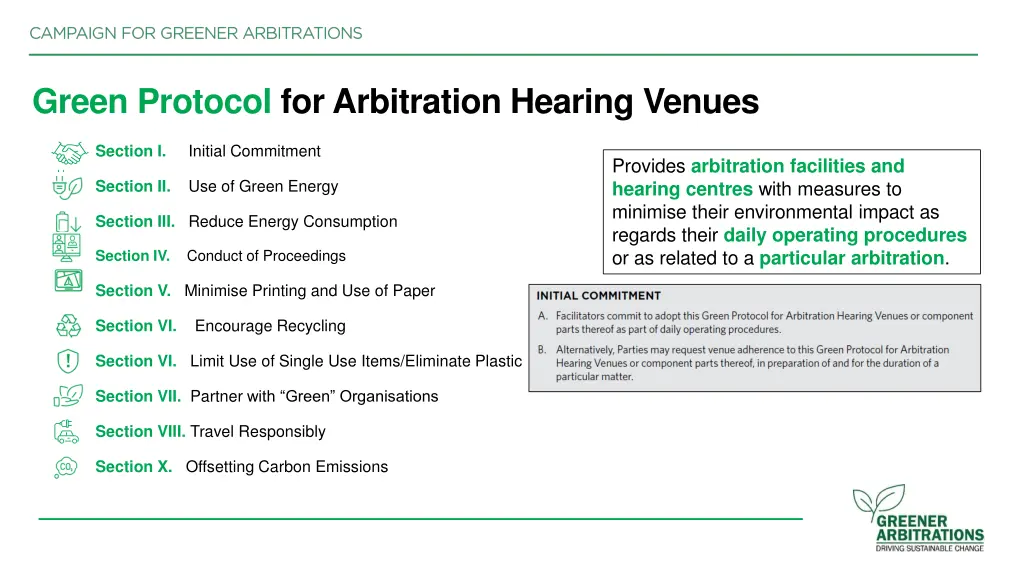 green protocol for arbitration hearing venues