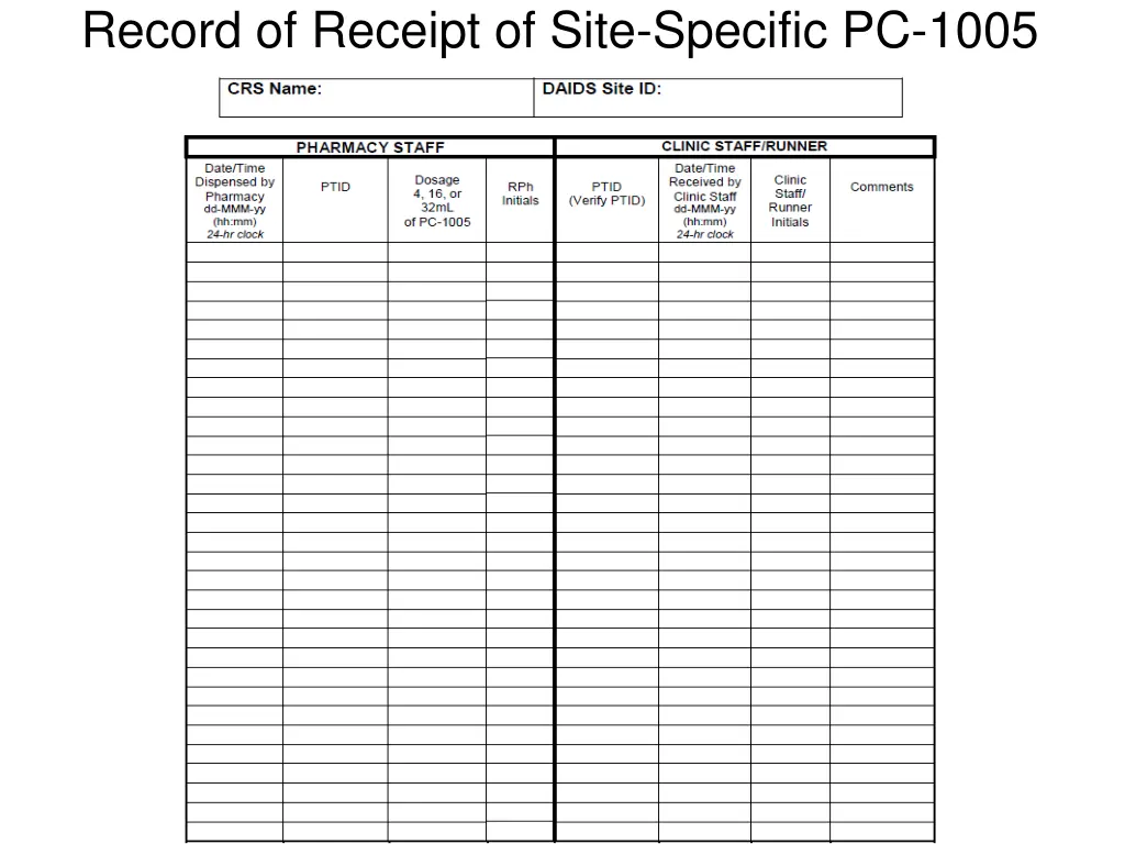 record of receipt of site specific pc 1005