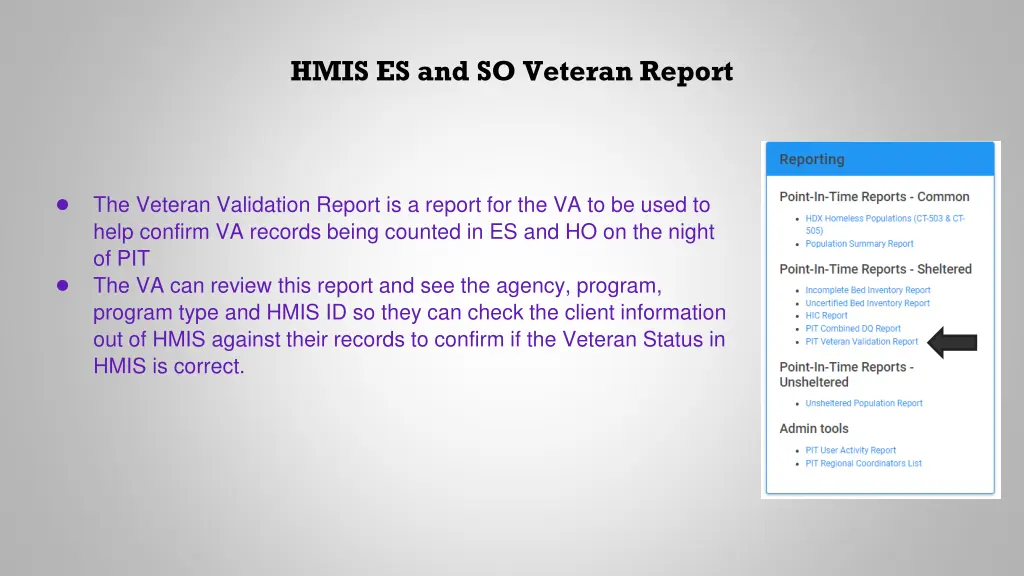 hmis es and so veteran report