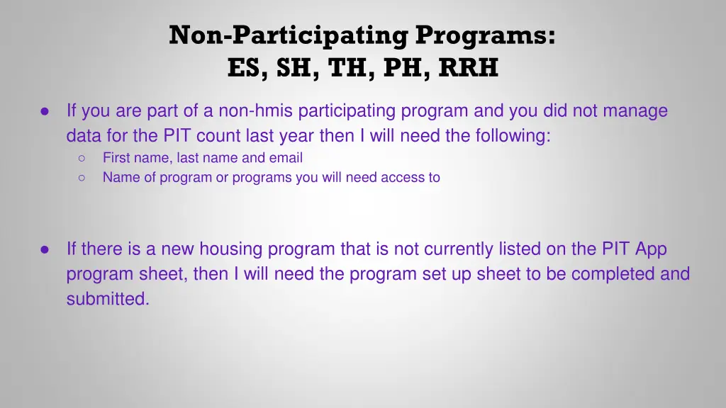 non participating programs es sh th ph rrh