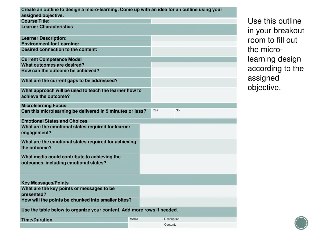 create an outline to design a micro learning come