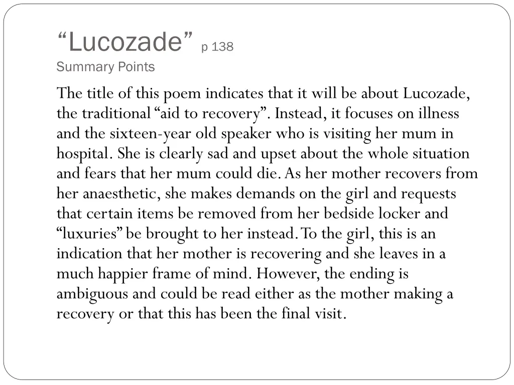 lucozade p 138 summary points the title of this