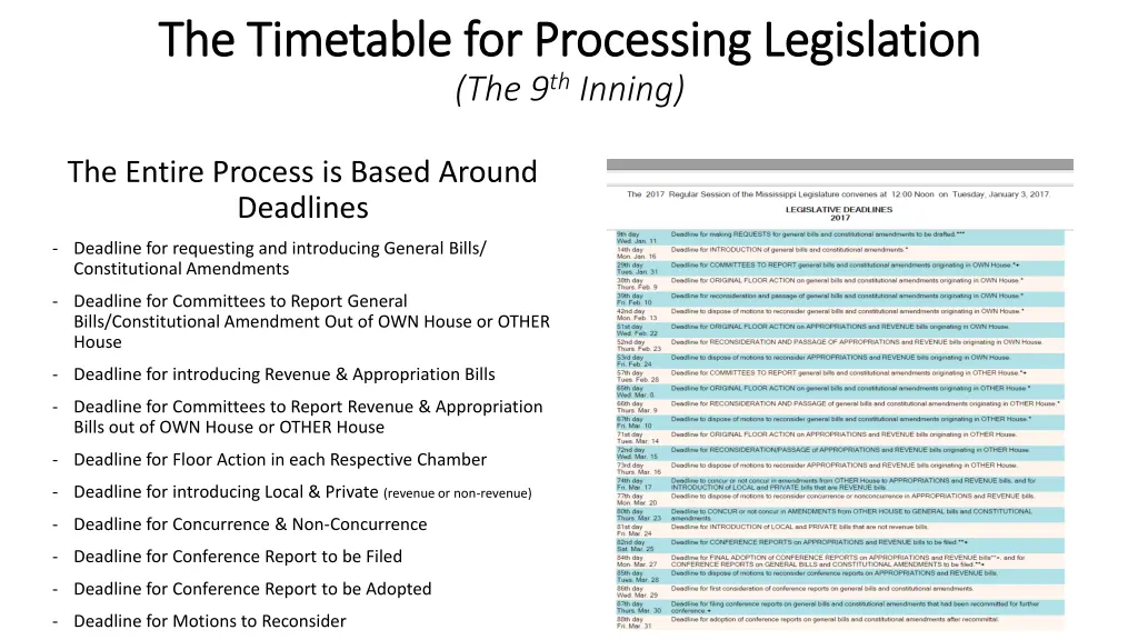 the timetable for processing legislation