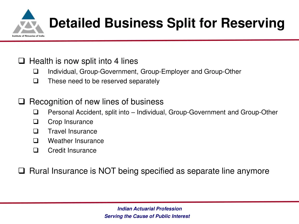 detailed business split for reserving 1