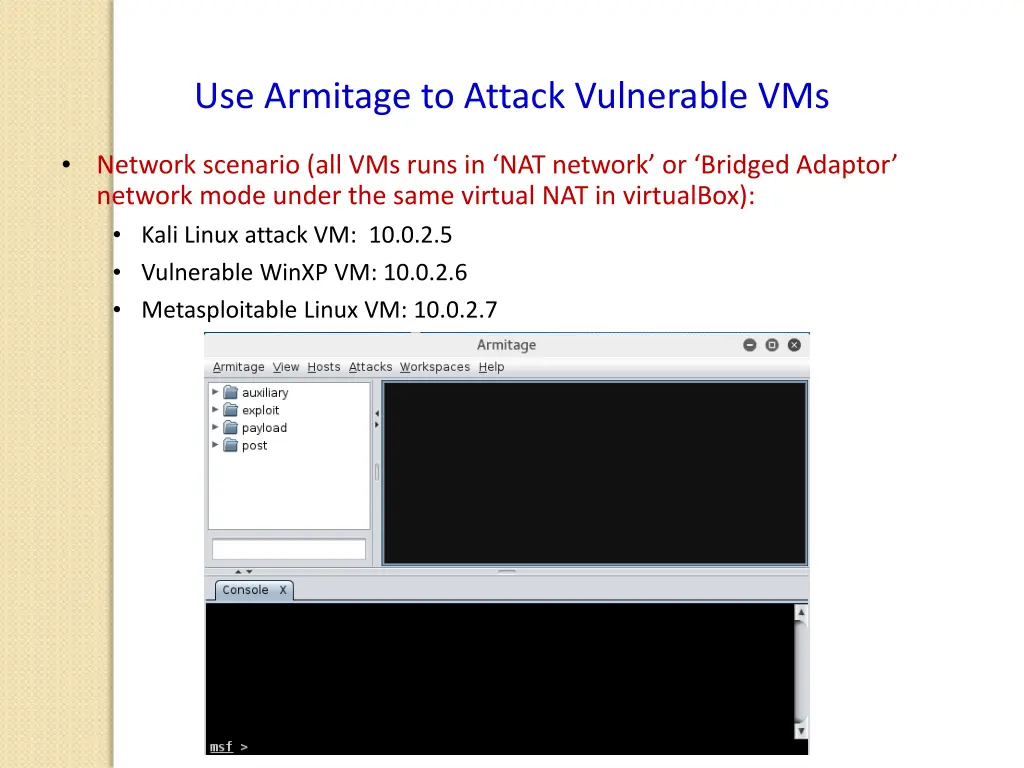 use armitage to attack vulnerable vms