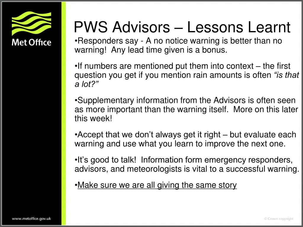 pws advisors lessons learnt responders