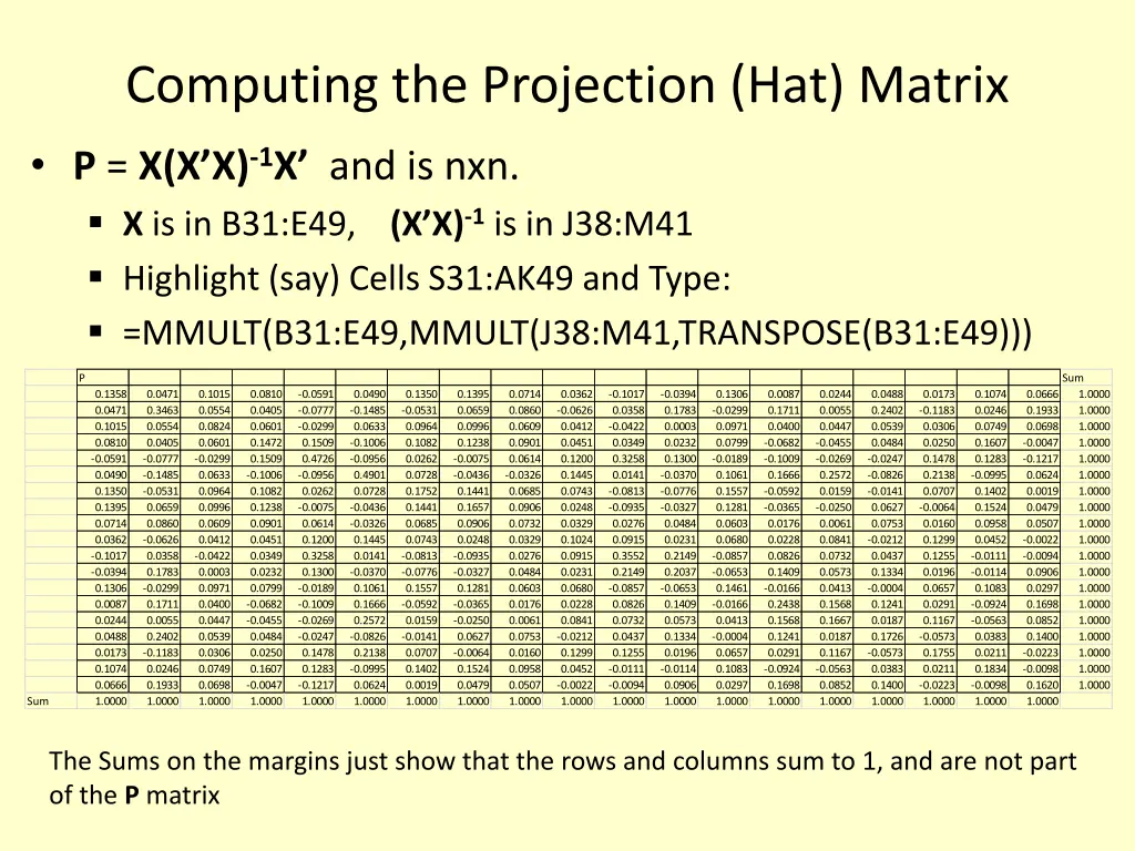 computing the projection hat matrix