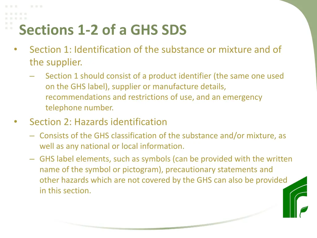 sections 1 2 of a ghs sds