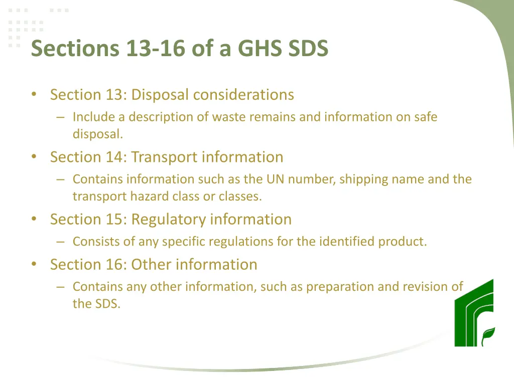 sections 13 16 of a ghs sds