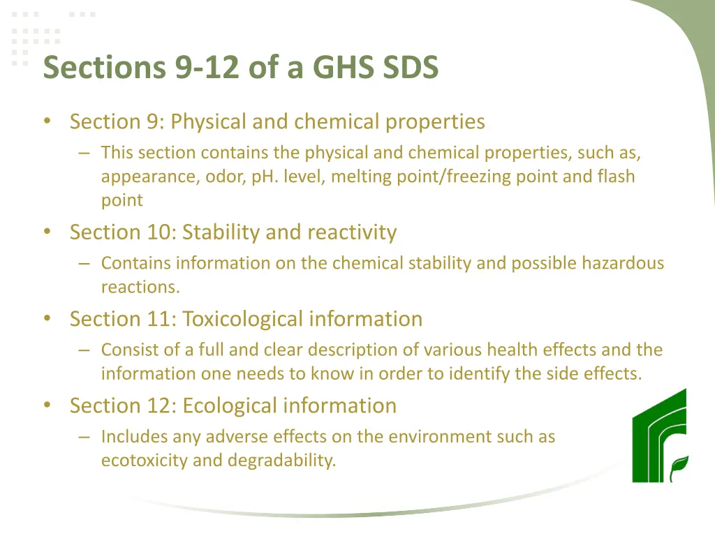 sections 9 12 of a ghs sds