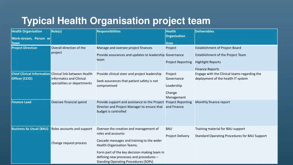 typical health organisation project team