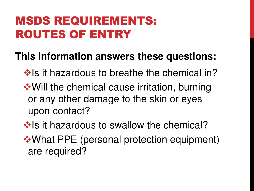 msds requirements routes of entry