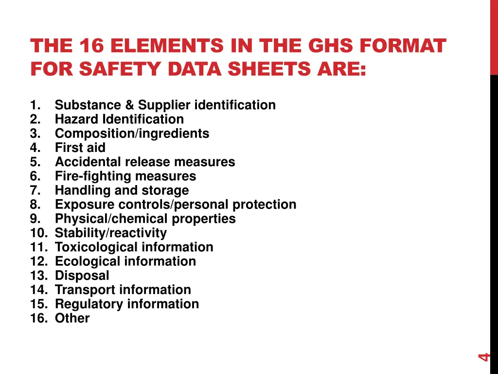 the 16 elements in the ghs format for safety data