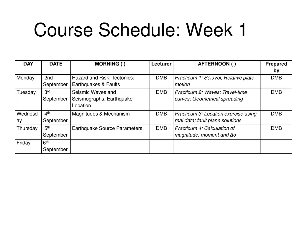 course schedule week 1