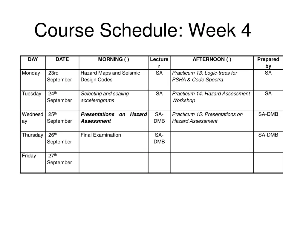 course schedule week 4