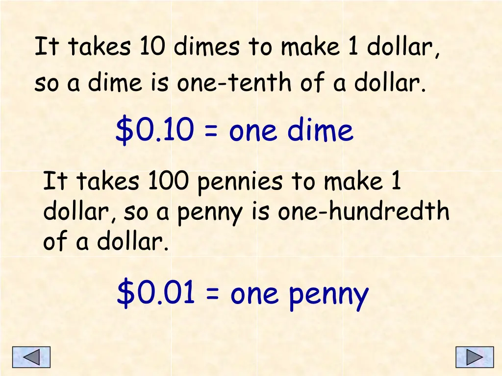 it takes 10 dimes to make 1 dollar so a dime 1