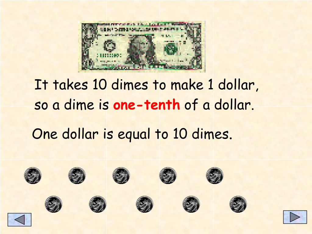 it takes 10 dimes to make 1 dollar so a dime