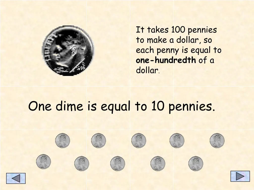 it takes 100 pennies to make a dollar so each