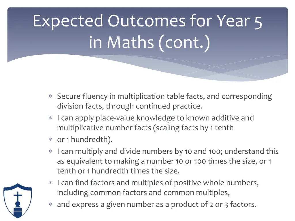 expected outcomes for year 5 in maths cont 1