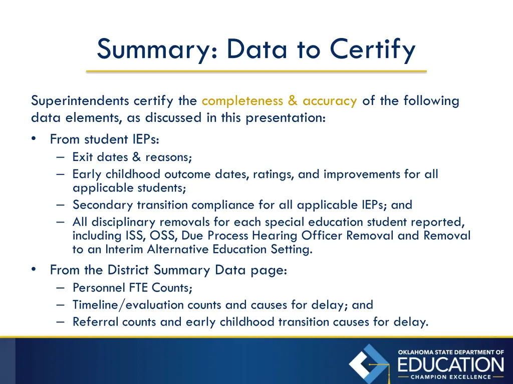 summary data to certify