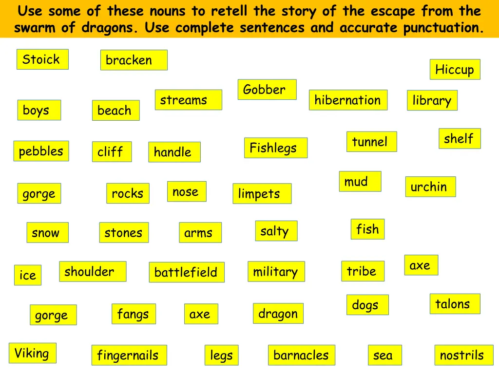 use some of these nouns to retell the story