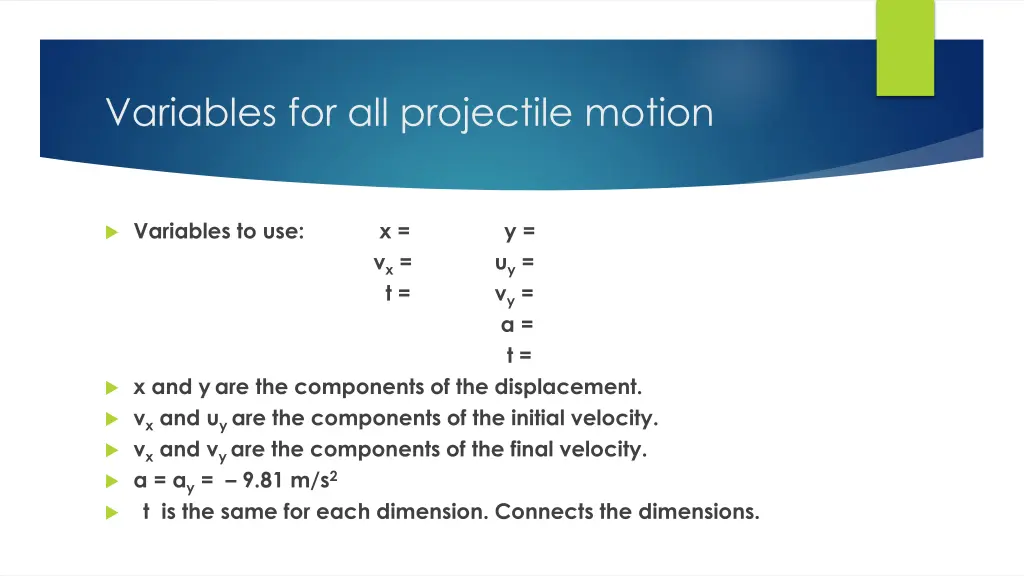 variables for all projectile motion