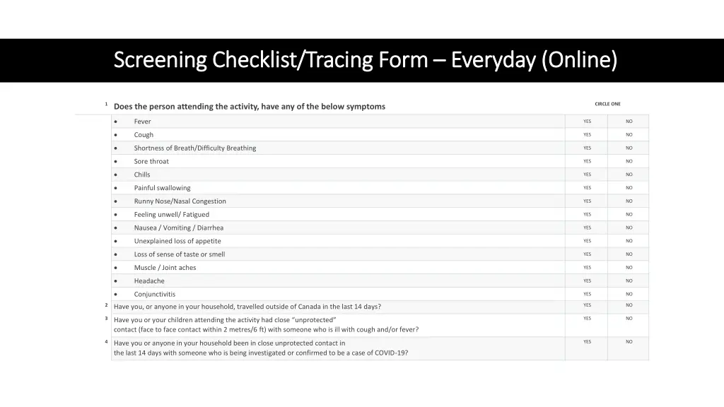 screening checklist tracing form screening