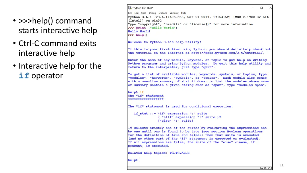 help command starts interactive help ctrl