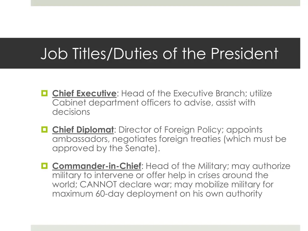 job titles duties of the president