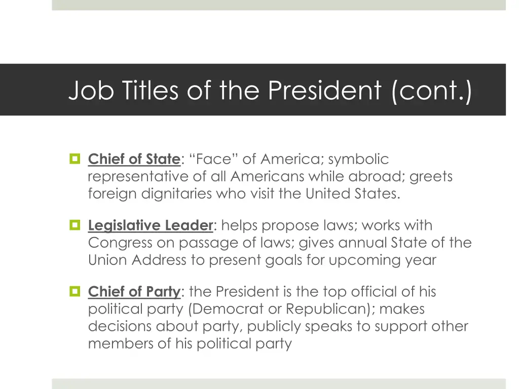 job titles of the president cont