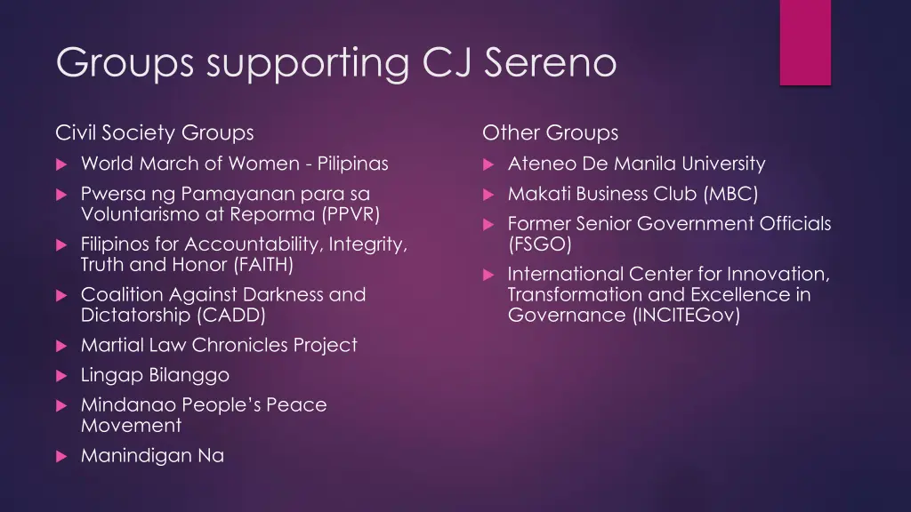 groups supporting cj sereno 1