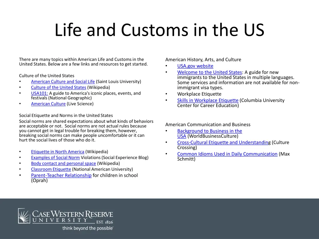 life and customs in the us