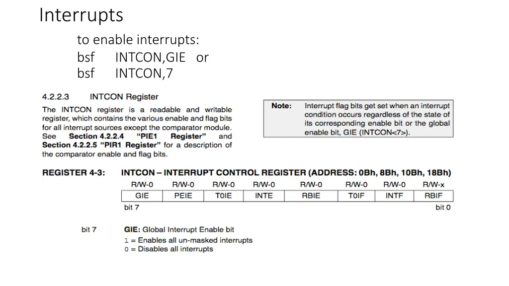 interrupts to enable interrupts bsf intcon