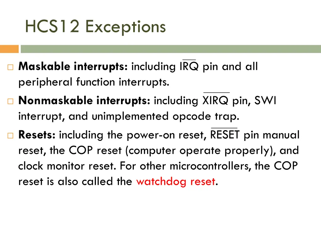 hcs12 exceptions