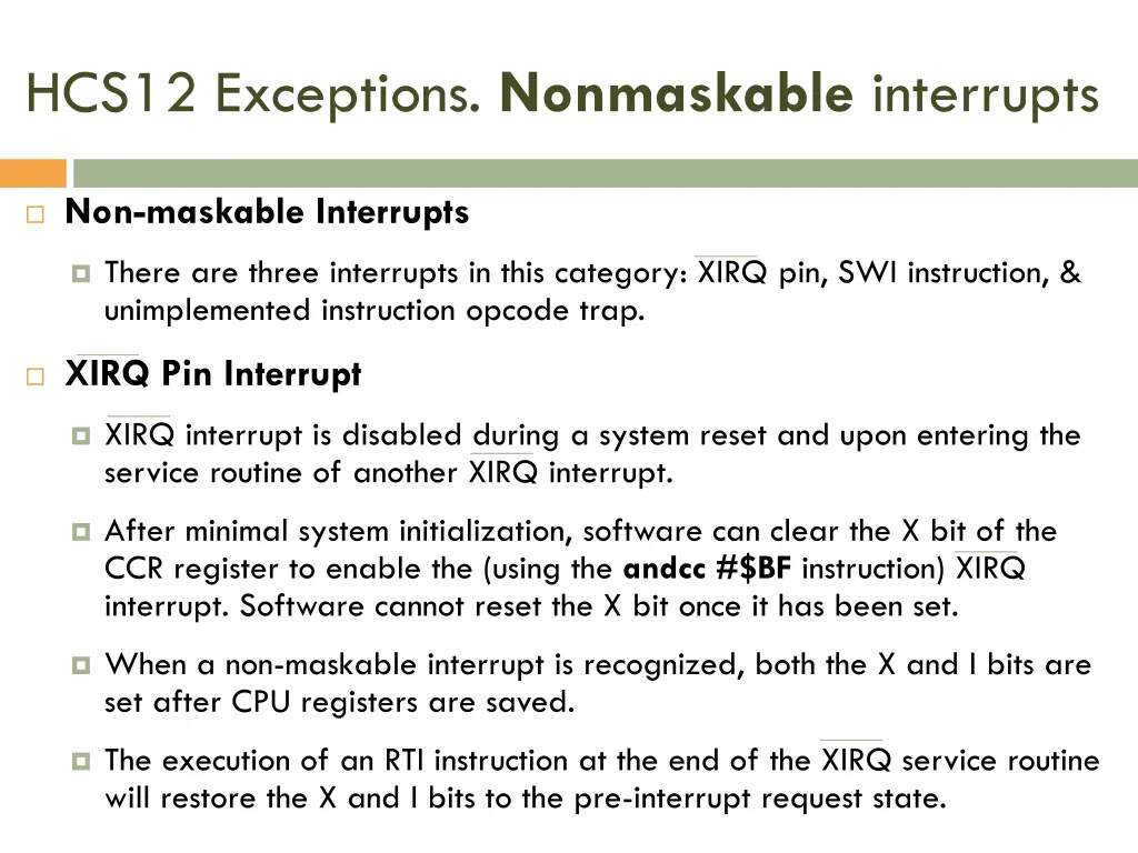 hcs12 exceptions nonmaskable interrupts