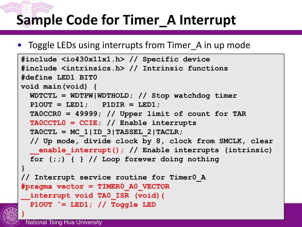 sample code for timer a interrupt