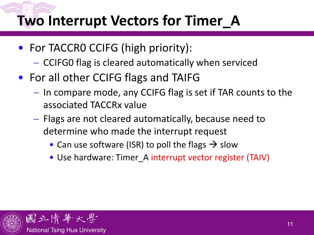 two interrupt vectors for timer a