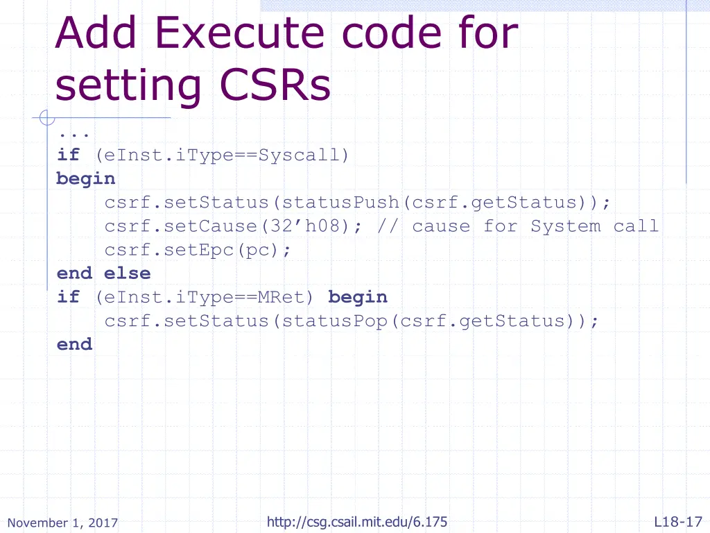 add execute code for setting csrs