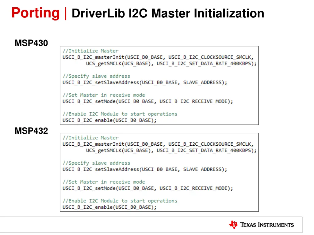 porting driverlib i2c master initialization