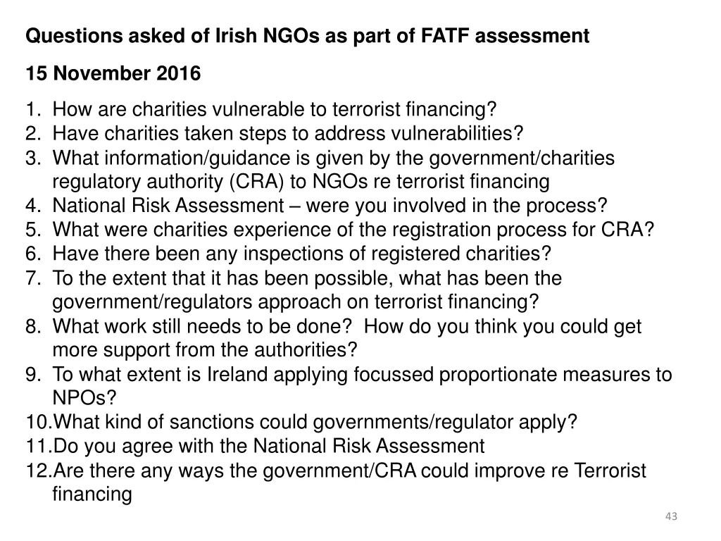 questions asked of irish ngos as part of fatf