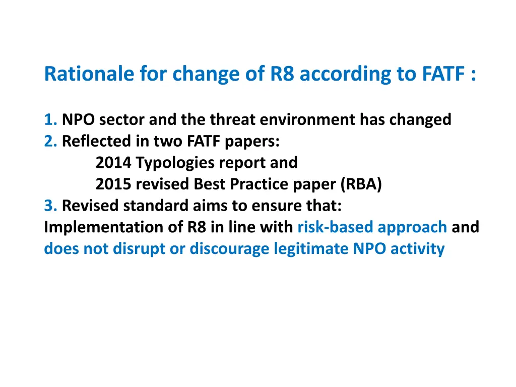 rationale for change of r8 according to fatf