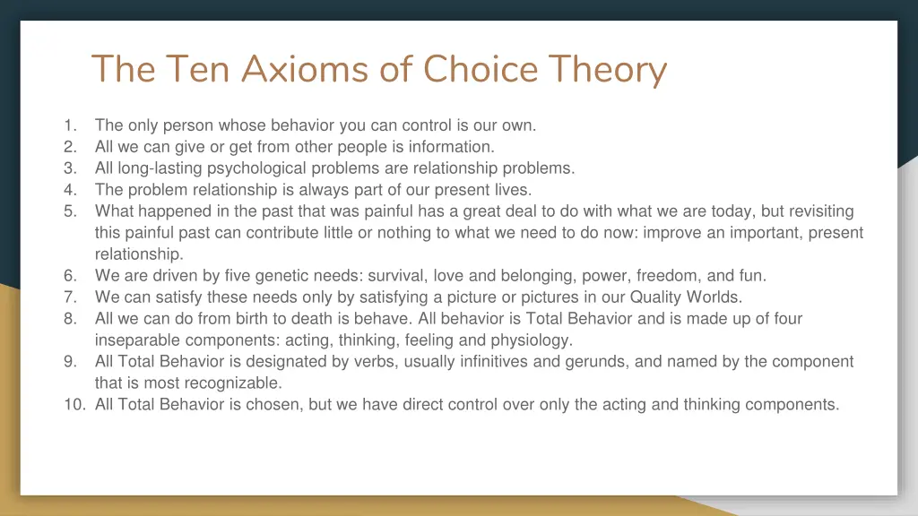 the ten axioms of choice theory