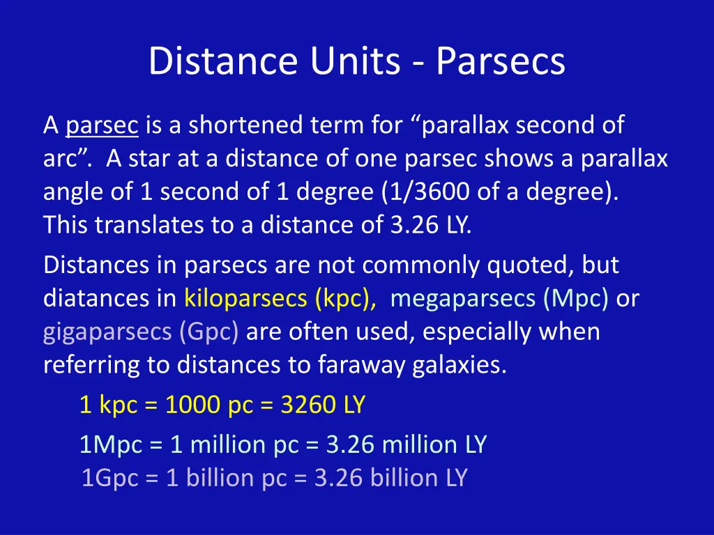 distance units parsecs