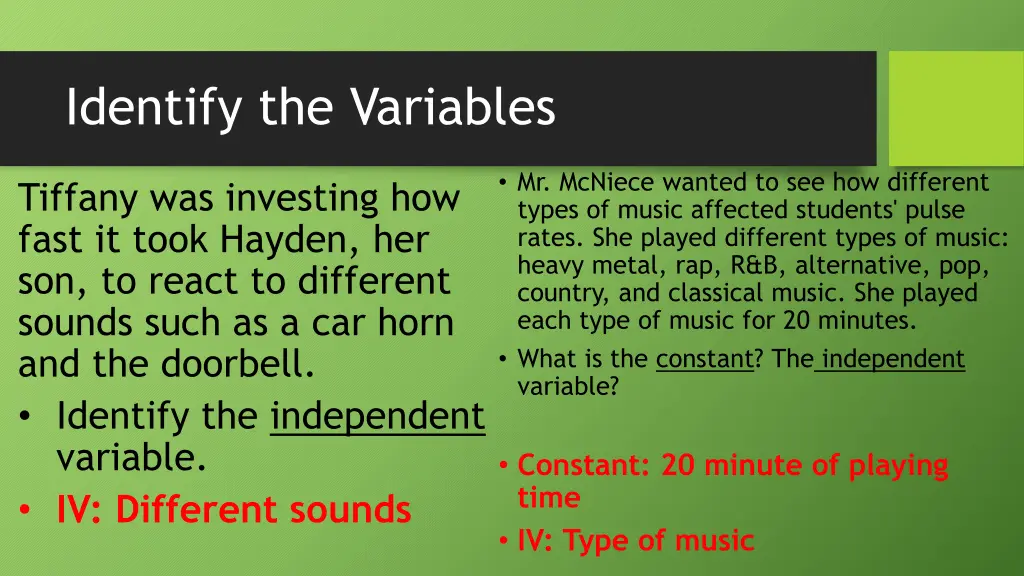 identify the variables 1