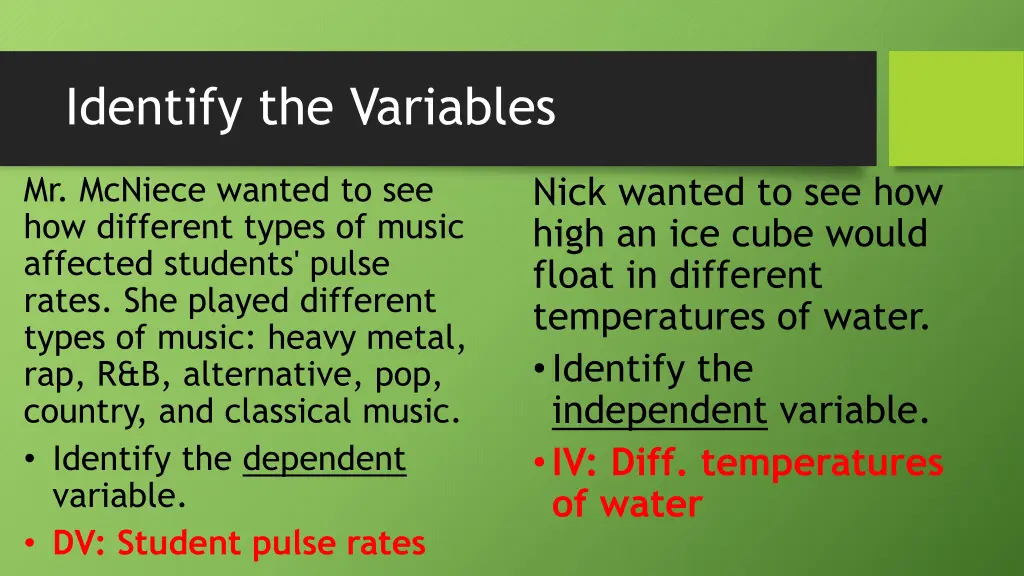 identify the variables