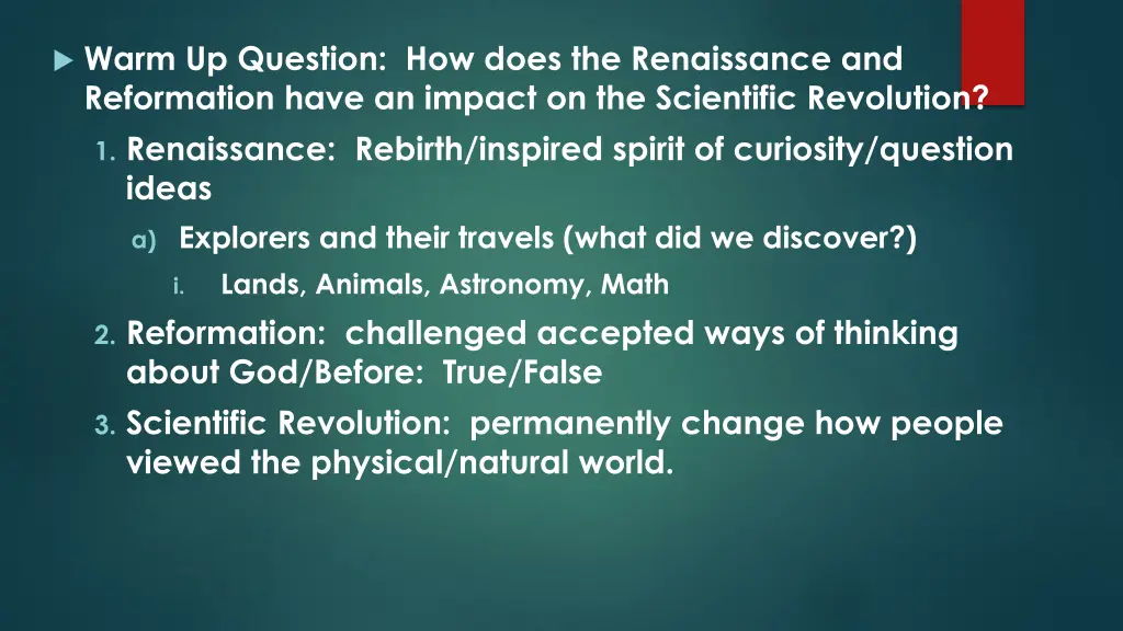 warm up question how does the renaissance