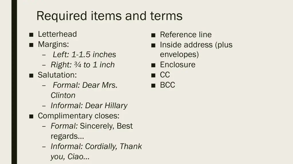 required items and terms